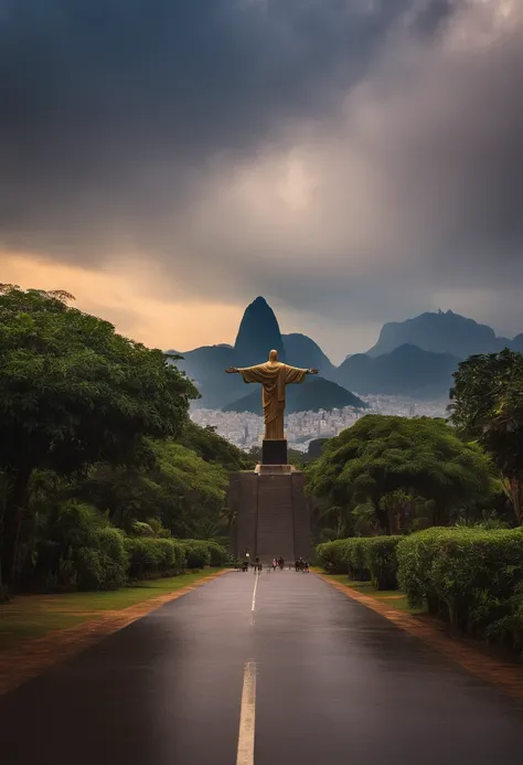 86STYLE CB in Sahara Desert with mountains in the background, The background of the image is、Christ the Redeemer in Rio de Janeiro. rainy day, 云, llight rays.