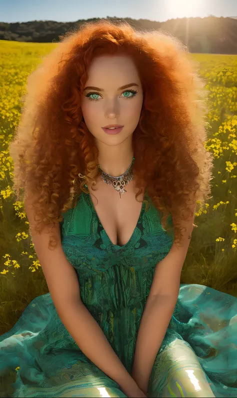 (((ultra detailed, beautiful face, megapixel))) a free-spirited and bohemian woman with a ((wild mane of curly, auburn hair)) th...