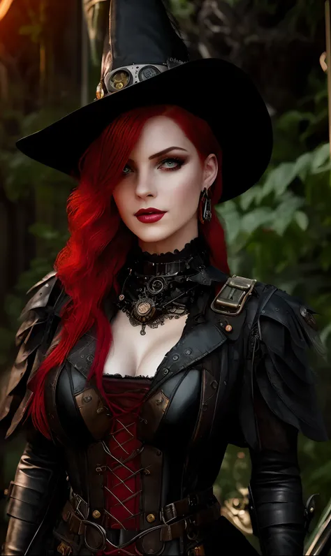 steampunk witch, intense red eyes, magical forest, fluidic fire elementals, short red hair, long dark leather dress, intricate a...