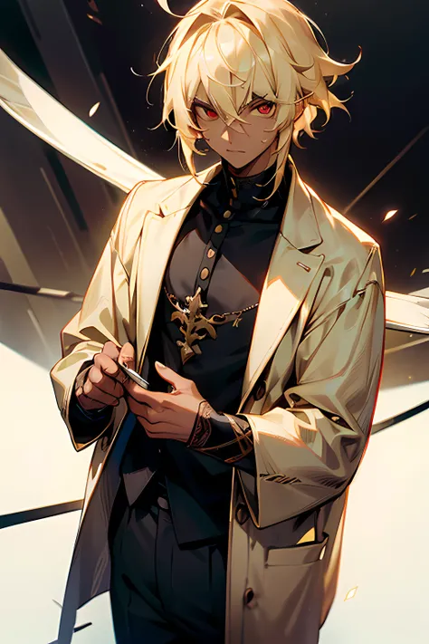 cowboyshot, 1boy, (dark-skinned), messy hair, pale blonde hair, AND ((blonde eyebrows)), hair between eyes, ( intricate red eyes), bags under eyes, ((sparse stubble)), designer clothing, luxury, high-fashion