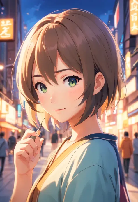 ((Bestquality, 8k, a masterpiece:1.3)), Focus:1.2, ((Cut hair in layers:1.2)) , high resolution face, young, Highly detailed facial and skin texture, kazuha from genshin impact, happy, dynamic pose, ((day, city)), perfect hands, soft smile,