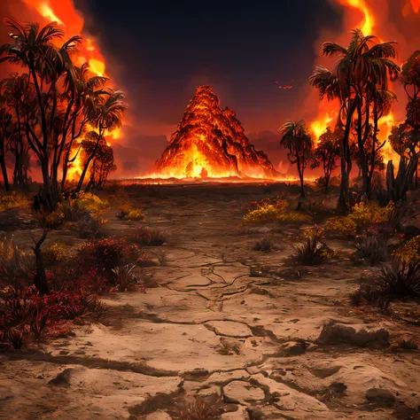 Arte realista, Paisagem infernal, apocalyptic, fantasia sombria, red skies, Rios de fogo e lava, Nuvens de Grices, cacto, Espinhos, skulls on the floor, arid, PECADO, inferno, Lutas, guerra,