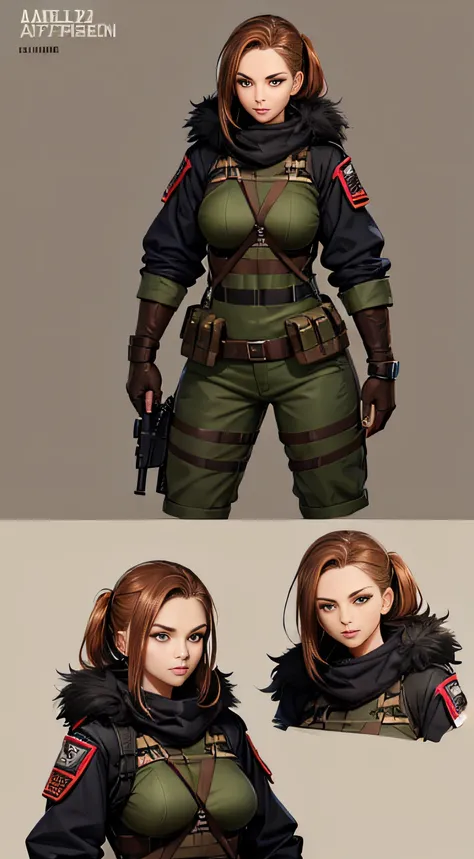 (Concept art: 1.2), Female sexy character in military and bushcraft style, (Character design: 1), Hyper Detail