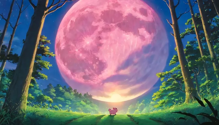 Night Forest，The sky has a full moon，There is a man flying in the tree，There is a piglet on the ground（in pink）