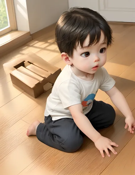 3 year old boy、morning、Playing on wooden floors。Holding Thomas in hand、Connecting the tracks、Thomass Toys