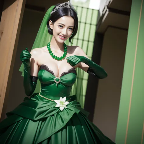 Boyish very short black hair, lipsticks, Japan woman smiling, Green Long Grove,　Emerald Tia boyish very short black hair, lipsticks, Japan woman smiling, Satin green long gloves,　emerald tiara, Green Pearl Necklace, verd s eyes, Green eyes, Long green glov...