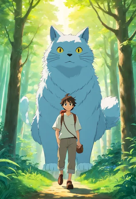 Um homem branco jovem de cabelo cinza, outro rapaz negro de cabelo avermelhado, dois amigos, aventureiros, walk through the magical forest, trilha com animais encantados, riacho cintilante, magical forest, 3d, anime, obra prima