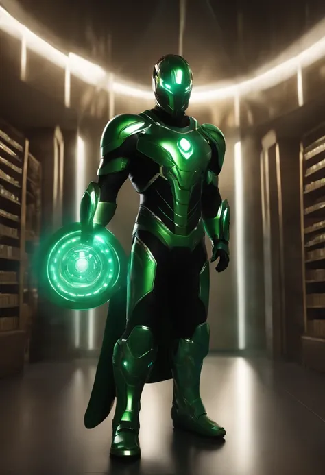 NFT 2 - Name: "Guardian of Wisdom"
Develop an NFT that portrays a guardian of wisdom in a futuristic library setting. This character, a scholarly superhero, should be immersed in a green and black aura. The NFT should showcase the details of their shiny me...