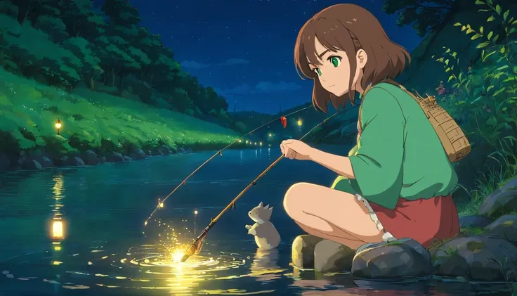 is in night，A girl with brown hair and green eyes is fishing by the river