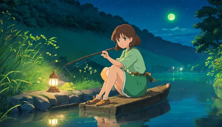 is in night，A girl with brown hair and green eyes is fishing by the river