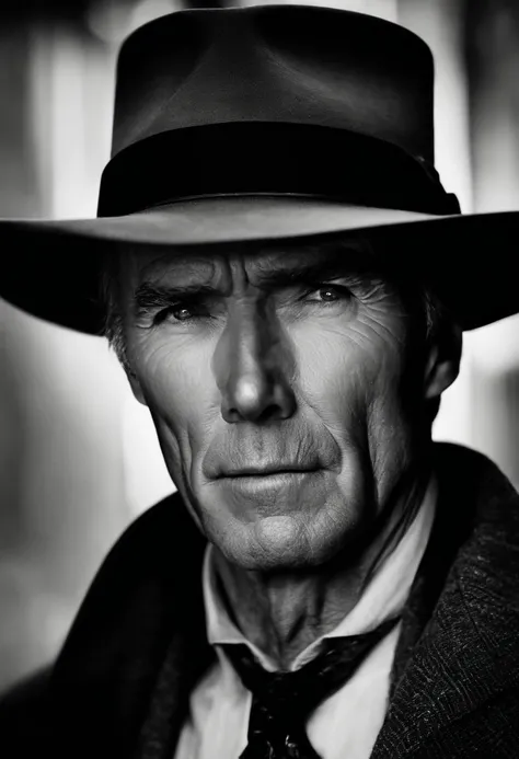 Clint Eastwood com um sobretudo, investigador noir, chtulhu vibes