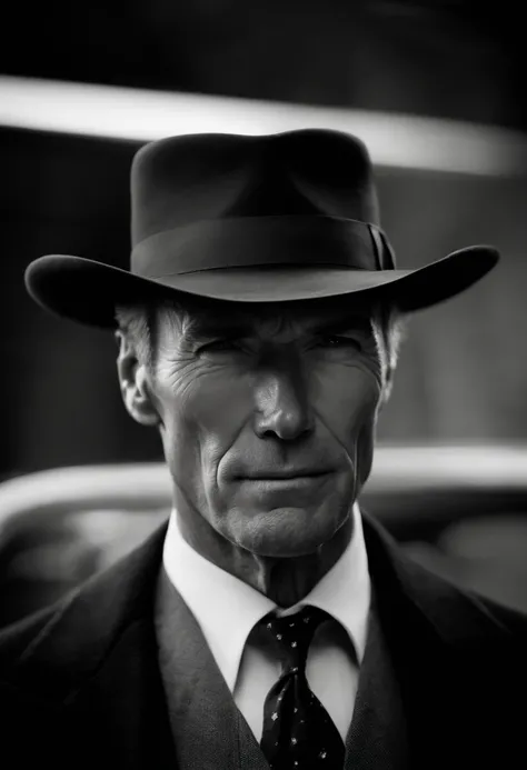 Clint Eastwood com um fedora e um sobretudo preto, 1925, investigador