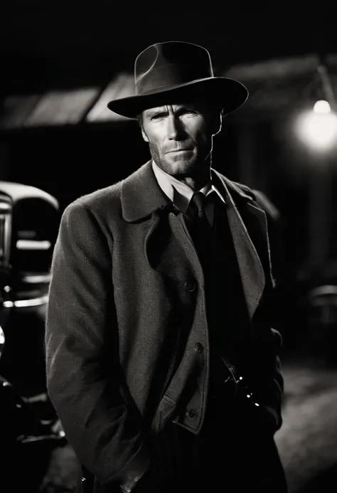 Clint Eastwood com um fedora e um sobretudo preto, 1925, investigador