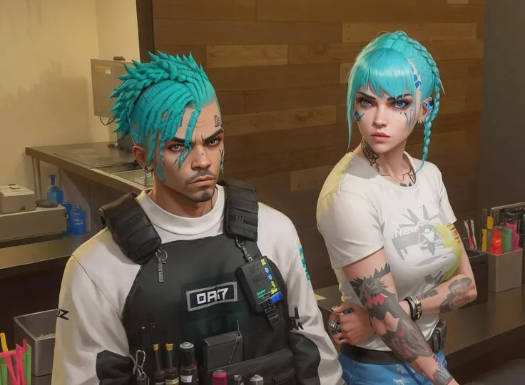 There are two people with blue hair and tattoos in one room, corte de cabelo tingido cyberpunk, cabelo punk detalhado, gta personagem, em cyber punk 2077, como um personagem de gtav, Fortnite realista, mechanic punk outfit, No jogo, cabelos azuis, no estil...