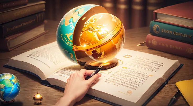 Design a logo for Quiztopia that combines the essence of an open book, a globe, and a magnifying glass. The open book symbolizes knowledge, the globe signifies exploration and a global perspective, and the magnifying glass represents the quest for details ...