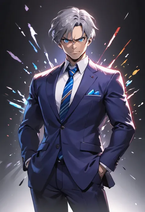 (best quality,4k,8k,highres,masterpiece:1.2),ultra-detailed,realistic,portrait,sharp focus,professional,vivid colors,bokeh,studio lighting,a robust man,short gray hair,dark blue eyes,imposing gaze,strong build,wearing a white suit,,