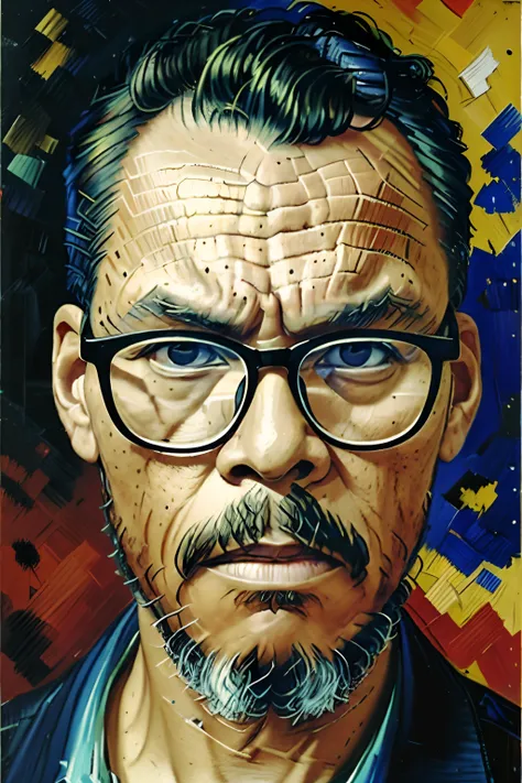 guttoepic2, "Produce an oil portrait style painting of a man with glasses, showing a melancholic expression in a half-body composition. Focus on intricate details and the depth of emotions on your face. Utilize uma paleta de cores rica para capturar as nua...