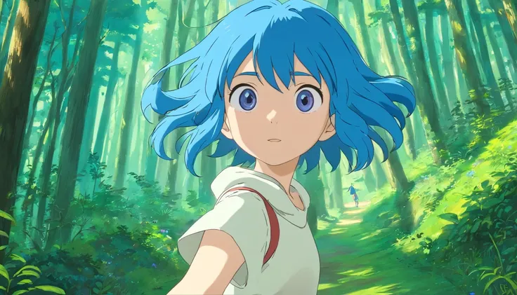 Girl with blue hair（blue color eyes）Run in the forest