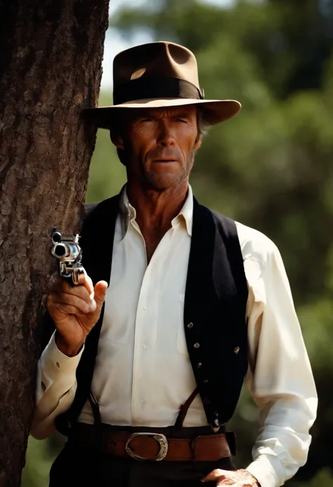 Clint Eastwood idoso, com um fedora e um sobretudo preto, Pointing the revolver at the camera, camera low, Bottom view, clint com olhar de raiva, traje social