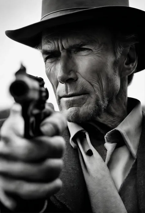 Clint Eastwood idoso, com um fedora e um sobretudo preto, Pointing the revolver at the camera, camera low, Bottom view, clint com olhar de raiva, traje social