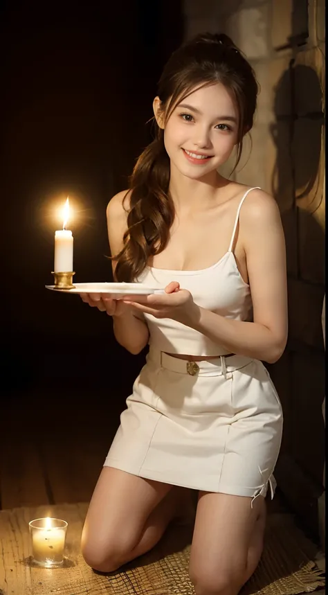 1 pretty girl，white skinned，brown  hair，looking at viewer, beautiful medium chest, Russia, pony tail, happy smile, kneeling, candles