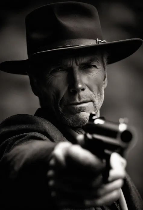 Clint Eastwood atualmente, com um fedora escuro e um sobretudo, pointing a revolver at the camera with a look of anger, poeira e particulas de fogo, Kinematic