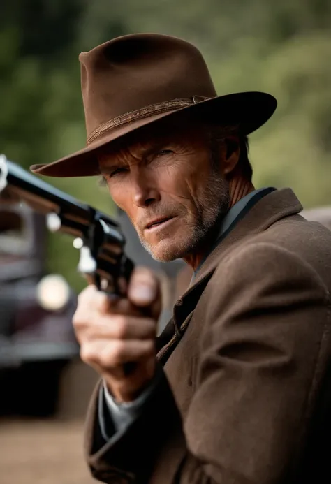 Clint Eastwood atualmente, com um fedora escuro e um sobretudo, pointing a revolver at the camera with a look of anger, poeira e particulas de fogo, Kinematic