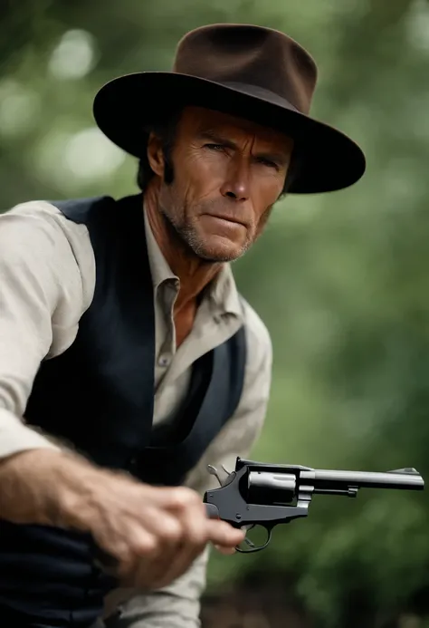 Clint Eastwood atualmente, com um fedora escuro e um sobretudo, pointing a revolver at the camera with a look of anger, poeira e particulas de fogo, Kinematic