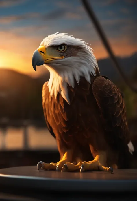 DJ eagle, headphone, anthro, lightwave, sunset, intricate, highly detailed (best quality,4k,8k,highres,masterpiece:1.2),ultra-detailed,(realistic,photorealistic,photo-realistic:1.37), vibrant colors, dynamic lighting