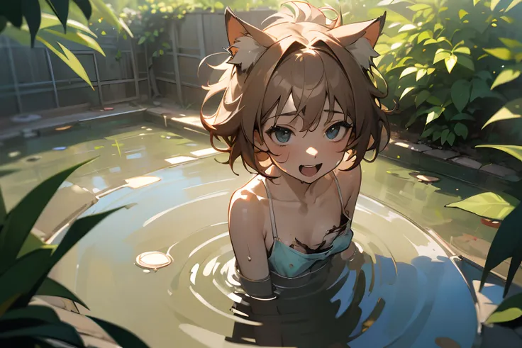 ((Masterpiece)), 8K,from above, portrait, cinematic lighting, very messy hair,(enjoy playing in the garden pond, hot summer days), (slightly exposed nipples, wet and tattered and torn dirty white-camisole, Slender small breasts, smile and open big mouth), ...