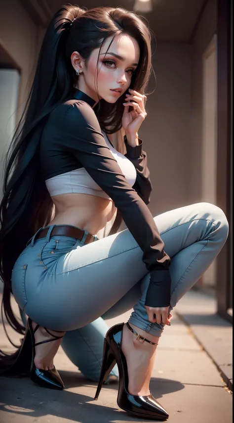 Mulher linda perfeita deslumbrante, Stylish with long hair up to the feet and high heels skinny jeans and tight shirt woman long hair high heels, sexy, hentai