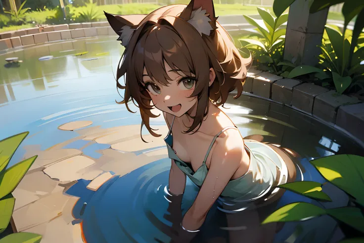 ((Masterpiece)), 8K,from above, wide-shot, portrait, cinematic lighting, very messy hair,(enjoy playing in the garden clean pond, hot summer days), (slightly exposed nipples, wet and tattered and torn dirty white-camisole, Slender small breasts, smile and ...