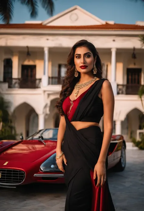 A young Turkish girl at Miami ,retro vibes along with a Ferrari testarossa at miami palace, mansion, enjoying nightscape , near palm trees , wearing khadi brand black saree , Mehwish Hayat