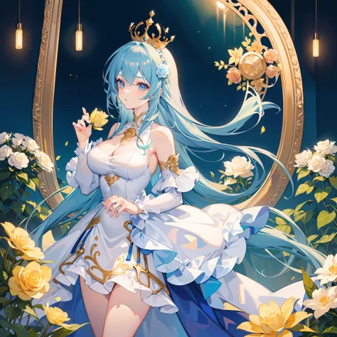 masterpiece, best quality, 8k resolution, sharp focus, intricate detail, This photo shows a beautiful illustration of a girl who looks like a princess. She has long blue hair and a white and gold dress. She is standing in front of a large mirror that refle...