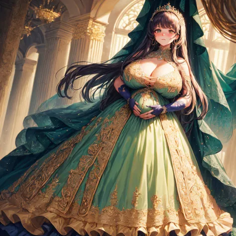 (masterpiece, best quality,extremely detailed:1.1),(moe anime art style:1.2),1girl,((full body,focus face)),((solo)), cute, kawaii,digital art,((1 bling-bling pregnant princess wearing beautiful embroidery and jeweled gorgeous rococo ballgown with jeweled ...