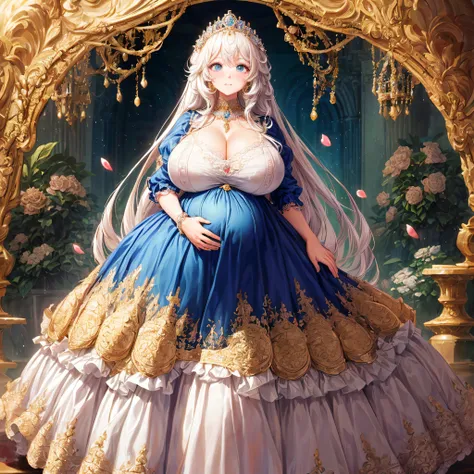 (masterpiece, best quality,extremely detailed:1.1),(moe anime art style:1.2),1girl,((full body,focus face)),((solo)), cute, kawaii,digital art,((1 bling-bling pregnant princess wearing beautiful embroidery and jeweled gorgeous rococo ballgown with jeweled ...