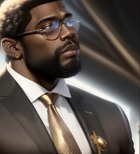 Black man, ripped, big , full beard, 510, full body, black curly low taped curly top fro, 32k, 4k, extremely high quailty, sunlight, portrait, full background, , cartier glasses, black and white louis vutton suit, shine in eyes and big diamond earings glim...