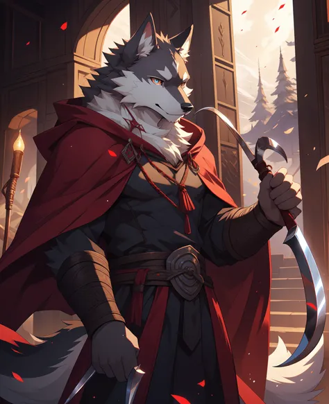 masterpieces,official art,furry,male,anthropomorphic white wolf,delicate face,delicate eyes,red cloak,kerosene lamp,sickle, hold...