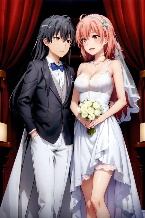 Yukinoshita yukino in a tuxedo and coat Married, her wife yuigahama yui in wedding Dress, yuri