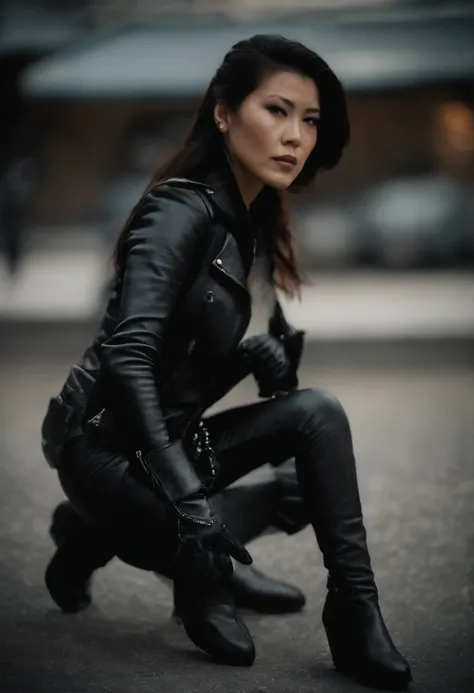 Black leather gloves　Black leather riders jacket　Black Leather Skinny Pants　Black leather long boots　Black Hair Ponytail　Young Japan　Black leather neck corset