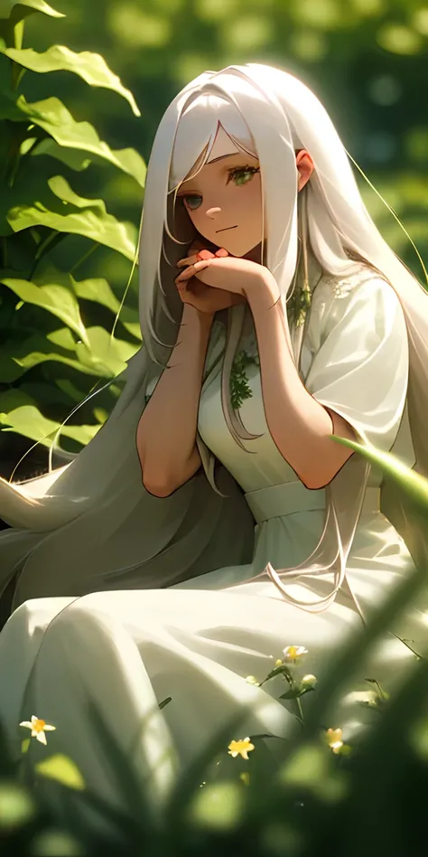 (masterpiece, best quality),1girl with long white hair sitting in a field of green plants and flowers, her hand under her chin, warm lighting, white dress, blurry foreground