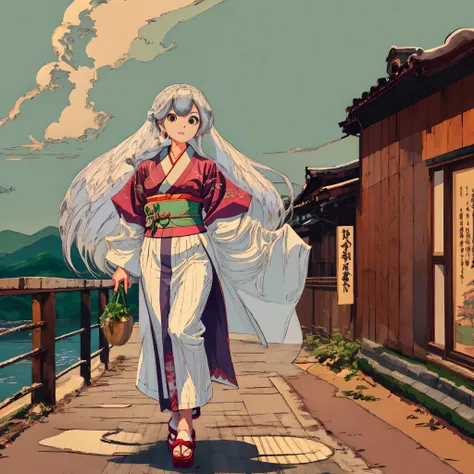 beautiful woman with long white hair wearing a kimono, studio ghibli style