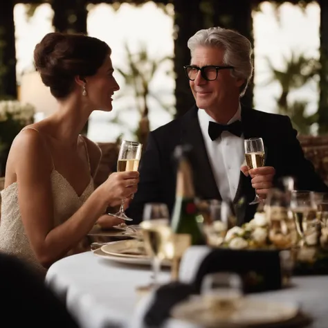 Por favor, gere uma imagem de um homem bem-sucedido em sua vida pessoal e profissional. Hes at an elegant dinner with a beautiful woman by his side. Both are toasting with glasses of champagne, demonstrando alegria e cumplicidade.