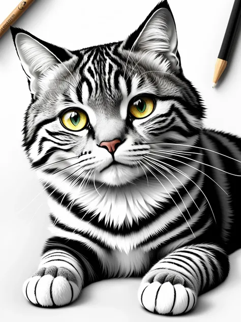 B/w Sketch art for children coloring book page,um desenho de um gato com um desenho floral soBre ele, Desenho detalhado em 4K, pelo intrincado detalhado, Arte 4K altamente detalhada, Arte altamente detalhada em 4K, highly detailed and hypnotic, gato detalh...