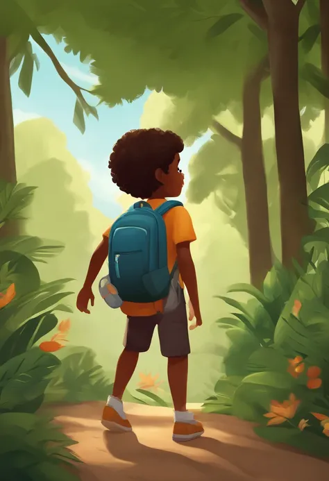 imagem menino 9 anos idade, cabelos pretos, roupa azul, sneaker, mochila escolar, observa passarinhos e coelhinhos na floresta, floresta verdejante, Bela, Arte infantil em Artstation, mobile game art, arte digital detalhada bonito,
illustration of children...