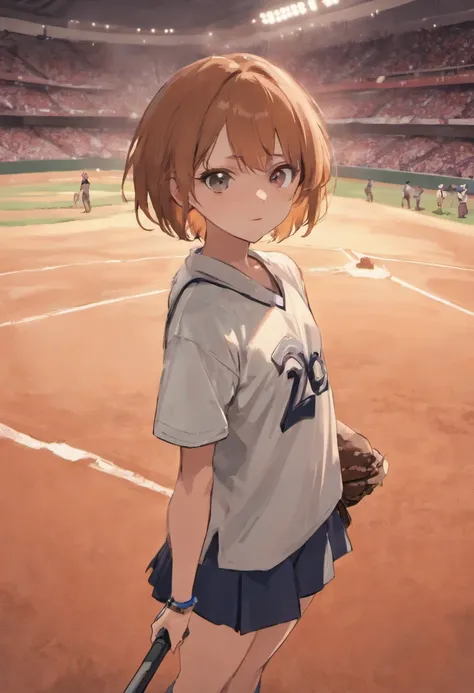 baseball field，teens girl，Holding a bat,brownish colors，short-hair