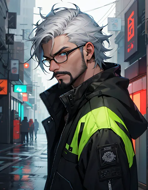 1st grade,  velho, retrato, 4k, Evil, serious look,  maduro, facial hair, olhos verdes, Villain, cabelos castanhos curtos, glasses, jaqueta techwear, Estilo cyberpunk, fundo da chuva