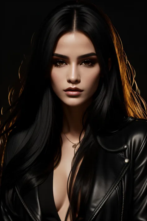 a young beautiful woman with long black hair and a black jacket, i cant believe how beautiful and sexy she is, distinct facial features, layered textures, strong contrast between light and dark, sharp attention to detail