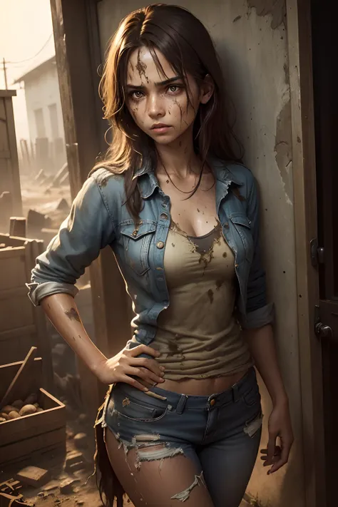 standing, facing forward, beautiful south american woman in her 20s, mud, scratches on face, mud stained brown hair and face, dirty and torn clothes, smooth skin, scared expressions, isometric details, amazingly realistic photos, blue eyes, zombie apocalyp...