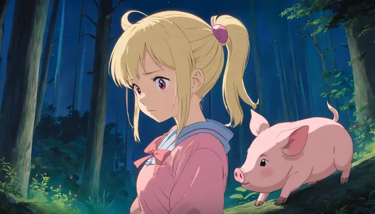 In the nocturnal forest，Blonde girl with double ponytail observing a piglet（in pink）